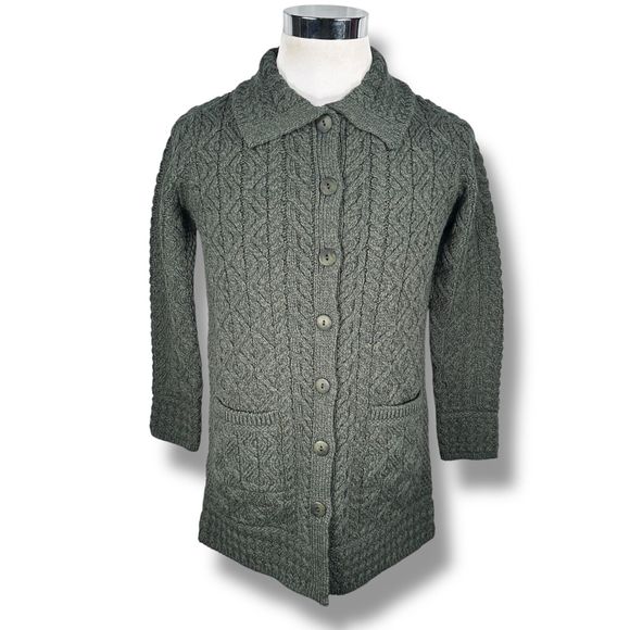 Aran Crafts Cardigan Sweater Women's Small Green Irish Merino Wool Button New - Picture 1 of 9